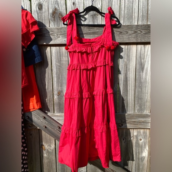 TCEC Red Sleeveless Ruffle Dress With Pom Pom Shoulder Ties - Picture 8 of 9